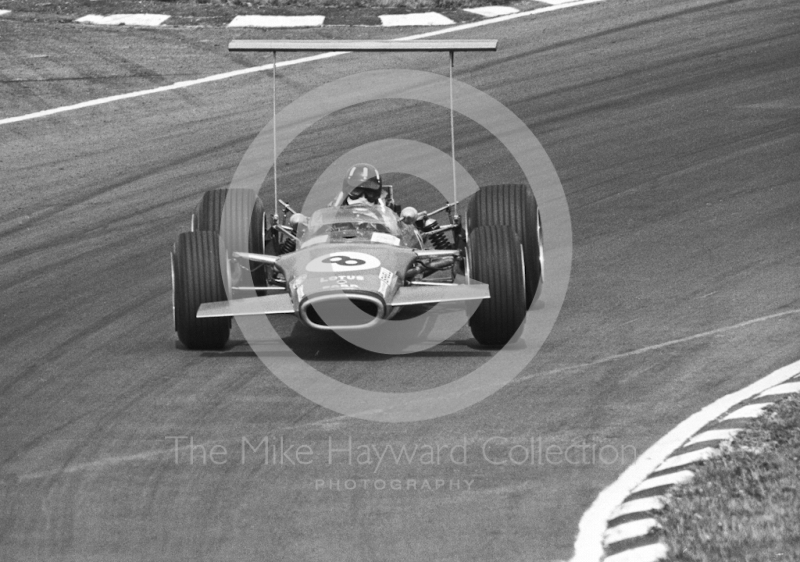 Graham Hill, Lotus Cosworth V8 49B R5, at Bottom Bend, British Grand Prix, Brands Hatch, 1968.
