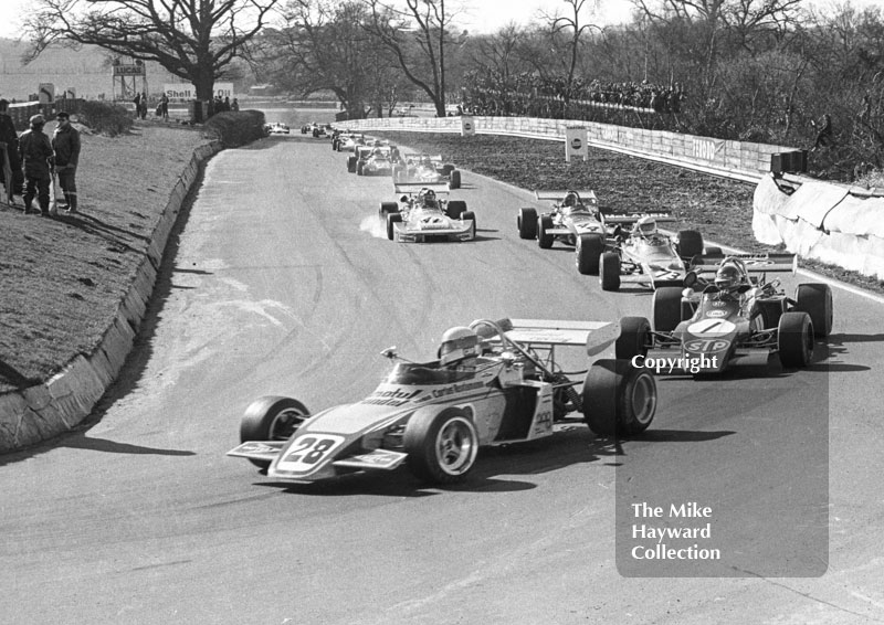 Carlos Reutemann, Motul Rondel Racing Brabham BT38-11; Ronnie Peterson, STP March 722; Jody Scheckter, McLaren M21; David Morgan, Edward Reeves Brabham BT35-8; and Wilson Fittipaldi, Bardahl March 712, Mallory Park, Formula 2, 1972.
