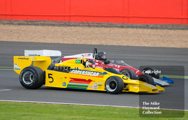 Ollie Hancock, Fittipaldi F5A, Doug Mockett, Penske&nbsp;PC3, FIA Masters Historic Formula 1, 2016 Silverstone Classic.
