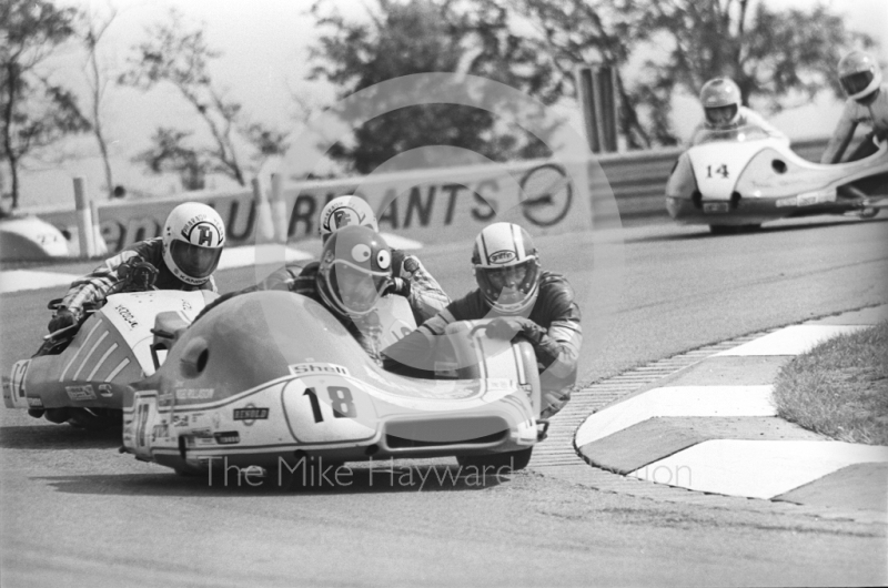 Nigel Rollason, Terry Haslam, Gordon Nottingham, John Player international sidecar race, Donington Park, April 1982.