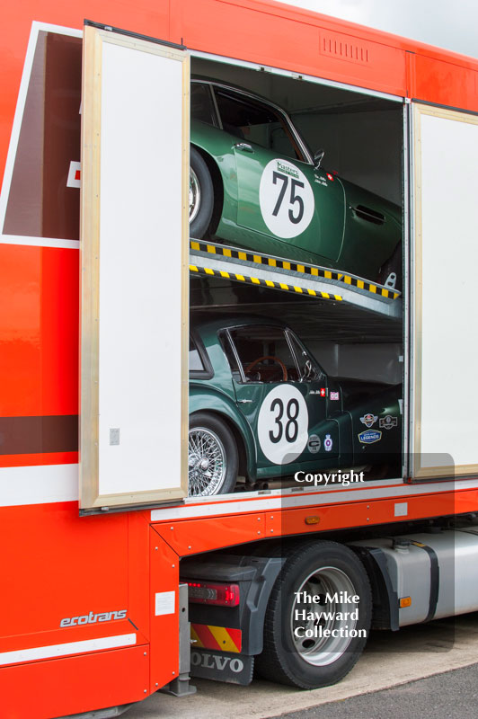 Aston Martin DB4GT and DB3S or Urs Mueller at the 2016 Silverstone Classic.
