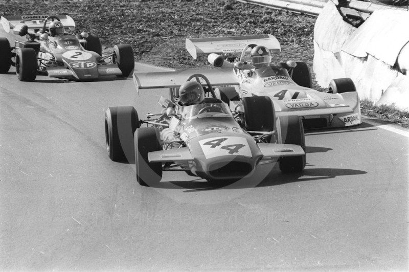 David Morgan, Edward Reeves Brabham BT35-8; Wilson Fittipaldi, Bardhal March 712M-17; and Niki Lauda, STP March 722-5, Mallory Park, Formula 2, 1972.
