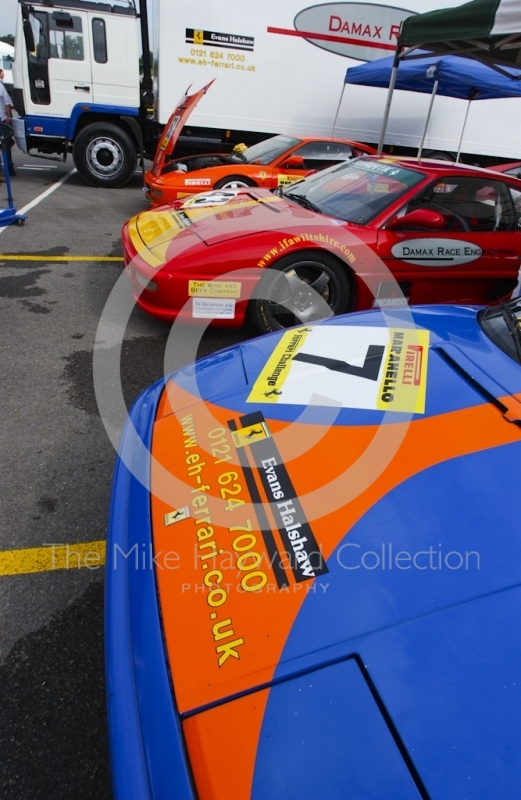 Ferrari F355s in the paddock at the Oulton Park Pirelli Ferrari Maranello Challenge, August 2001.
