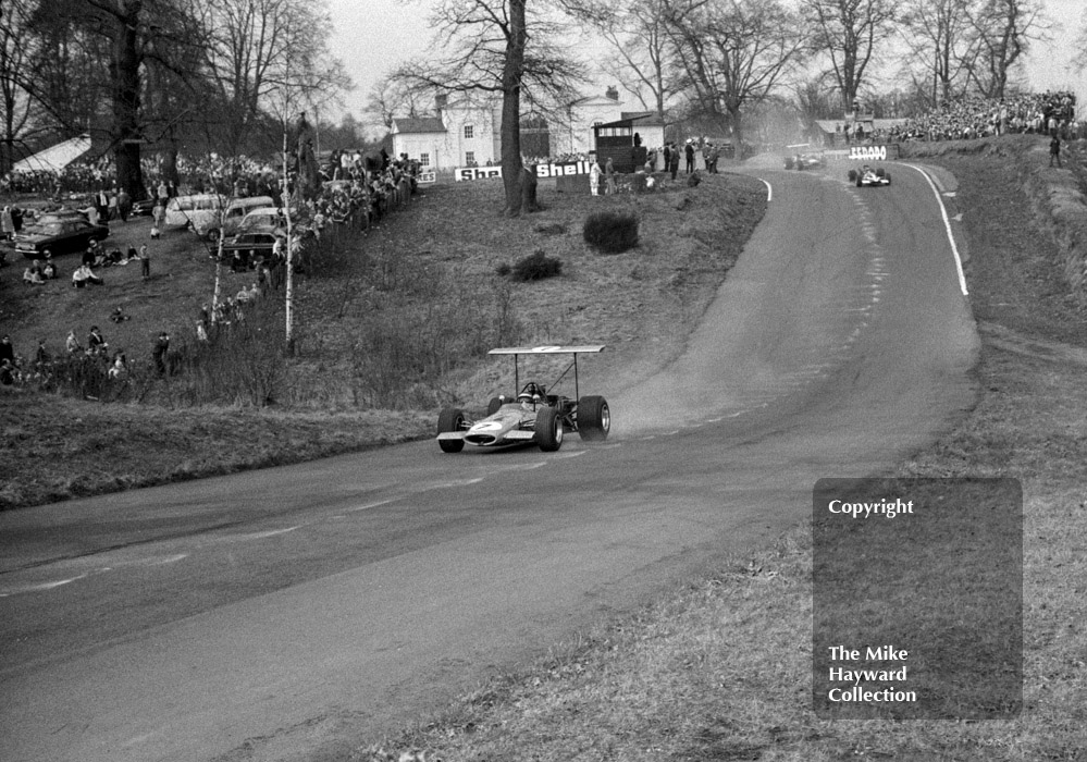 Peter Gethin, Church Farm Racing McLaren M10A/1 Chevrolet V8, winner of the Guards F5000 Championship round, Oulton Park, April 1969, leads through Deer Leap.
