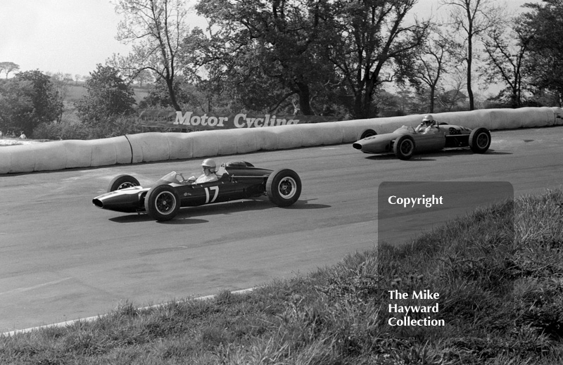 Kurt Ahrens, Cooper T65 Cosworth, and Paul Hawkins, Alexis MK 4 Cosworth, Mallory Park, May&nbsp;1964.
