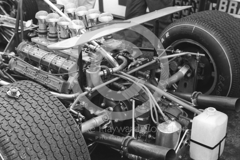 The Repco V8 engine of Jack Brabham, Brands Hatch, 1968 British Grand Prix.
