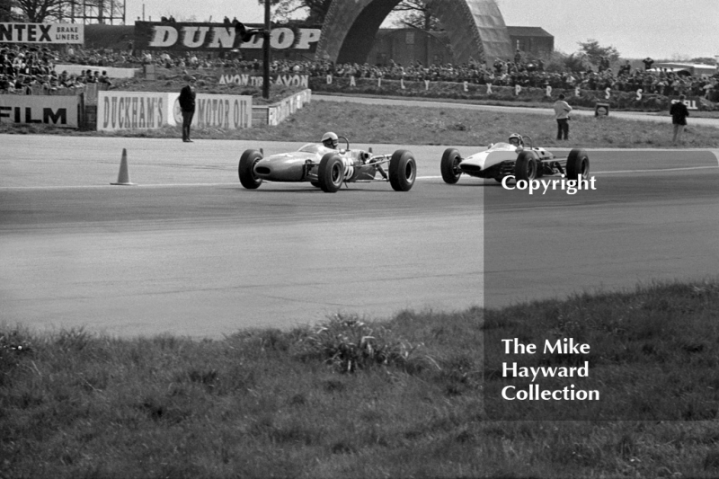 Brian Hart, Lotus 35,&nbsp;and Bob Bondruant&nbsp;Brabham BT18, Silverstone International Trophy, 1966.

