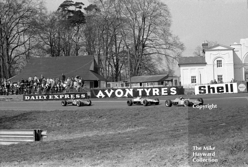 Peter Gethin, Sports Motors (Manchester) Chevron B9, Mike Walker, Chequered Flag McLaren M4A and Charles Lucas, Titan Mk 3, BRSCC Trophy, Oulton Park, 1968.
