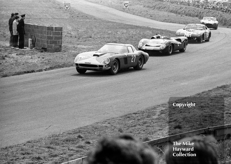 Mike Salmon, Ferrari 250 GTO, David Hobbs, Harold Young Lola T70, Frank Gardner, Willment Shelby Cobra, Sir John Whitmore, Alan Mann Shelby Cobra,&nbsp;1965 Tourist Trophy, Oulton Park.
