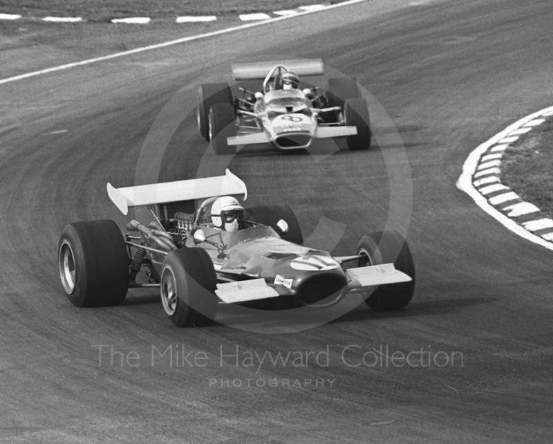 George Eaton, BRM P139 V12, at Bottom Bend before retiring with ignition problems on lap 24 followed by Jochen Rindt, Gold Leaf Team Lotus 49C, Race of Champions, Brands Hatch, 1970.
