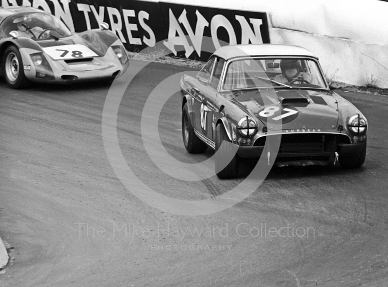 Mike Coombe, Sunbeam Tiger, and Jeremy Delmar-Morgan, Porsche 906, Guards International Trophy Race, Mallory Park, 1968.
