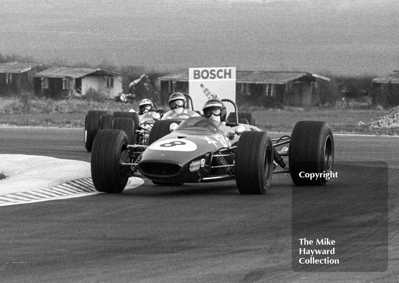 Jochen Rindt, Brabham BT23C, leads into the chicane ahead of Piers Courage, Brabham BT23C, and Jean-Pierre Beltoise, Matra MS7, Thruxton Easter Monday F2 International, 1968.
