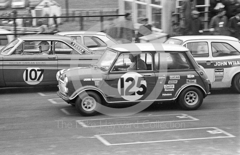 John Rhodes, British Leyland Mini Cooper S, and Malcom Gartlan, Racing Ford Falcon, Brands Hatch, Race of Champions meeting 1969.
