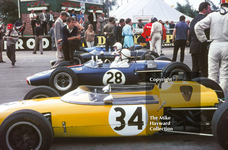 Tony Lanfranchi's Merlyn Mk 10, Harry Stiller, Brabham BT21, Chris Williams, Brabham BT21, Silverstone, British Grand Prix meeting 1967.
