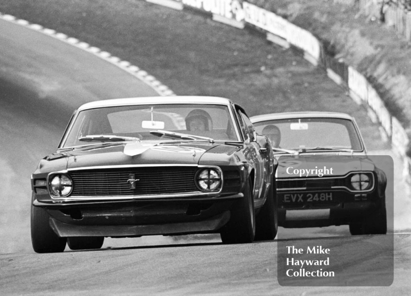 Frank Gardner, Motor Racing Research Ford Mustang, and Chris Craft, Broadspeed Ford Escort (EVX 248H), Guards Trophy Touring Car Race, Race of Champions meeting, Brands Hatch, 1970.
