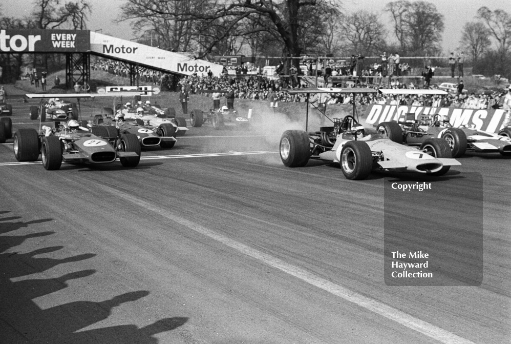 Peter Gethin, Church Farm Racing McLaren M10A/1 Chevrolet V8, winner of the Guards F5000 Championship round, Oulton Park, April 1969, leads off the grid.
