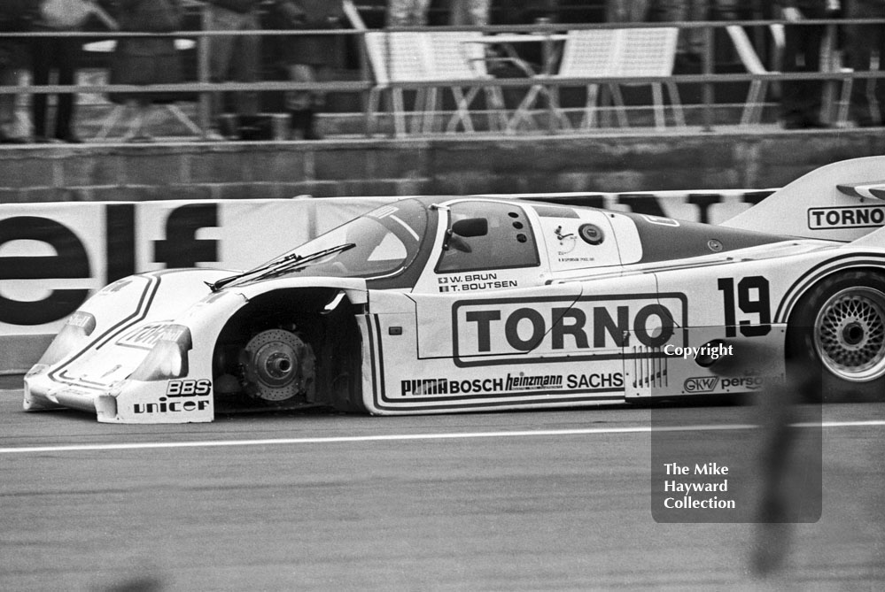 Walter Brunn/Thierry Boutsen, Porsche 956, on three wheels, World Endurance Championship, 1985&nbsp;Grand Prix International 1000km meeting, Silverstone.
