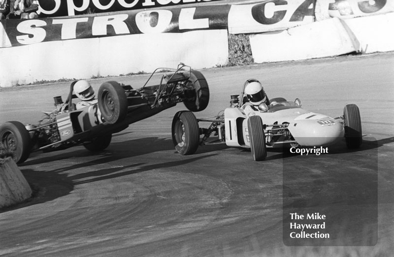 Tim Brise, Merlyn Mk 20a, and Geoff Close, McKinstry Hawke DL9, Mallory Park, British Oxygen 1972.
