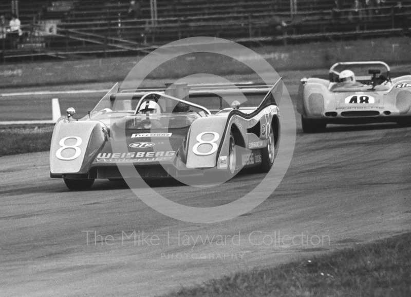 Helmut Kelleners, McLaren M8F Chevrolet 8.1, and Tony Dean, Porsche 908, Silverstone, Super Sports 200 1972.
