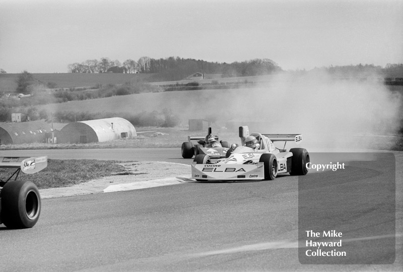 Gabriele Serblin, Elba Racing Team March 752, followed by Diulio Truffo, Osella Squadra Corse Osella FA2, Thruxton, Easter Monday, 1975.
