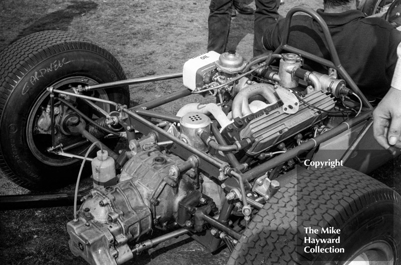 The Repco engine in the Goodwin Racing Brabham BT15 driven by John Cardwell, Formula 3 race, Oulton Park Spring Race meeting, 1965. The car had ignition switch failure on the last lap.
