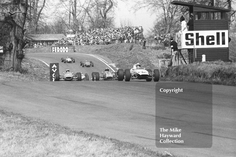 Mike Walker, Chequered Flag/Scalextric McLaren M4A, leads Charles Lucas, Titan Mk 3, and Peter Gethin, Chevron B9, BRSCC Trophy, Formula 3, Oulton Park, 1968.

