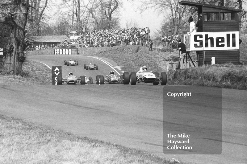 Mike Walker, Chequered Flag/Scalextric McLaren M4A, leads Charles Lucas, Titan Mk 3, and Peter Gethin, Chevron B9, BRSCC Trophy, Formula 3, Oulton Park, 1968.
