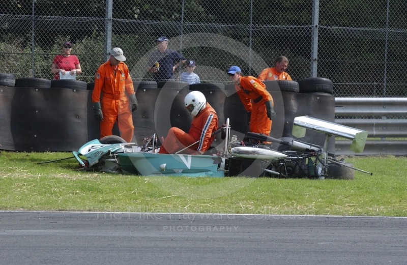 Tom Thornton, March 743, crashes at Old Hall Corner during the Derek Bell Trophy, Oulton Park Gold Cup meeting, 2002