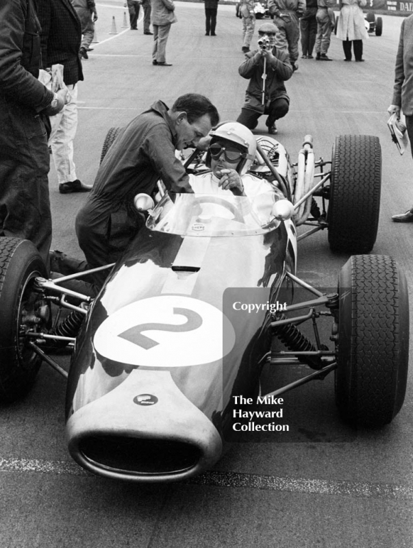 Jack Brabham, Repco Brabham V8 BT19, on the grid for the start of the Silverstone International Trophy, 1966.
