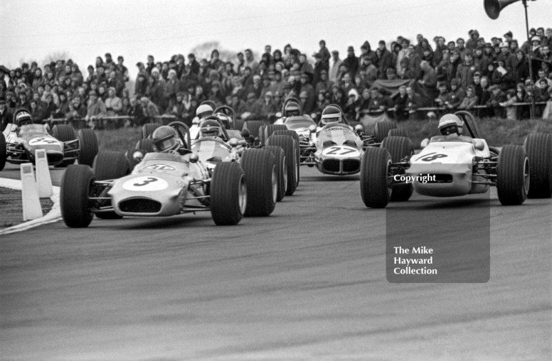 Mike Beuttler, Brabham BT28, Dave Morgan, March 703, Wilson Fittipaldi, Lotus 59, Silverstone, International Trophy meeting 1970.

