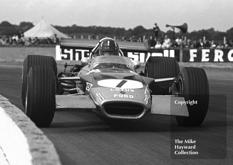 Graham Hill, Gold Leaf Team Lotus 49B, Silverstone, 1969 British Grand Prix.