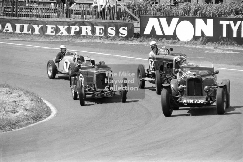 J Crocker 1934 Lagonda reg no AHN 730, R Adnums 1933 Frazer Nash reg no AMF 449, 71 R Masters 1936 MG, P Glover 1927 Alvis, 1969 VSCC Richard Seaman Trophies meeting, Oulton Park.