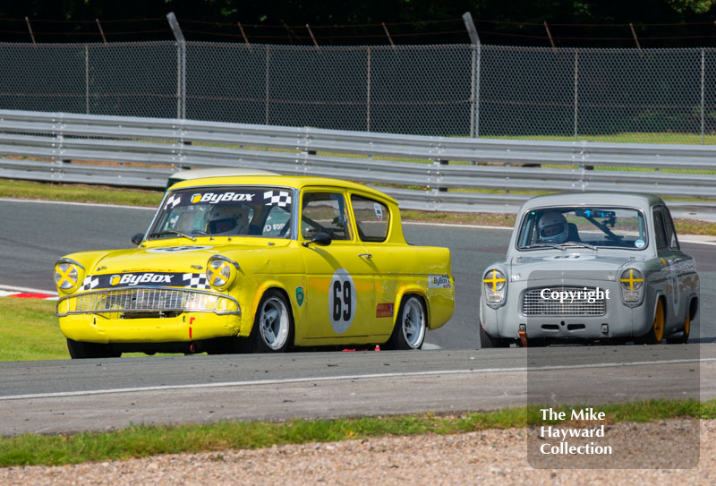 Bob Bullen, Ford Anglia, Christopher Glaister, Ford Anglia, HSCC Historic Touring Cars Race, 2016 Gold Cup, Oulton Park.
