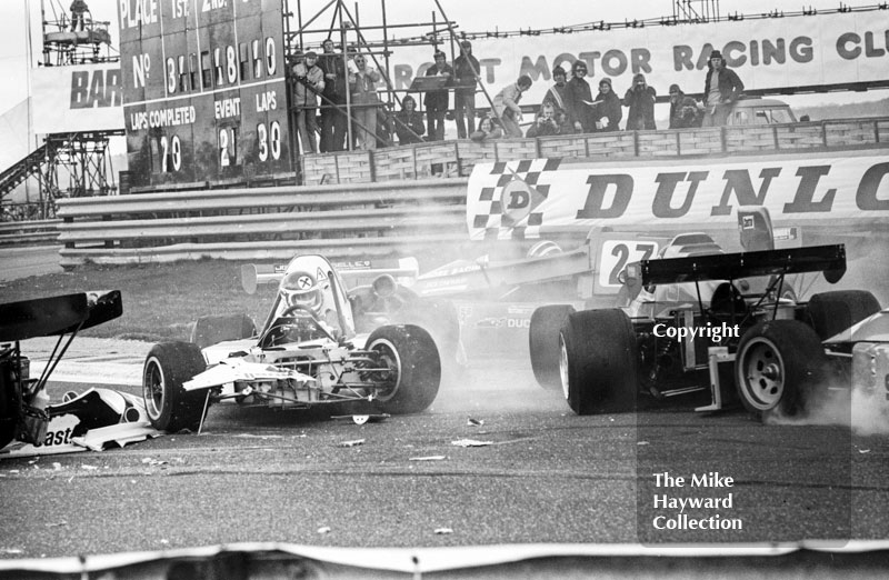 Accident at the chicane, Hans Binder, March 752 BMW, and Alberto Colombo, March 752 BMW, Wella European Formula Two Championship, Thruxton, 1975
