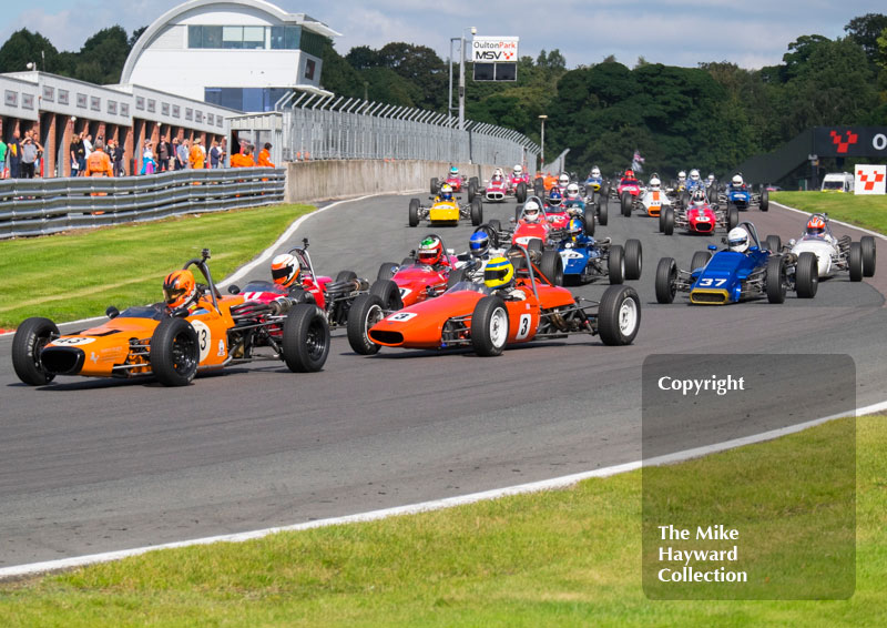 Callum Grant, Merlyn Mk 20, leads Formula Ford cars into Old Hall, 2016 Gold Cup, Oulton Park.
