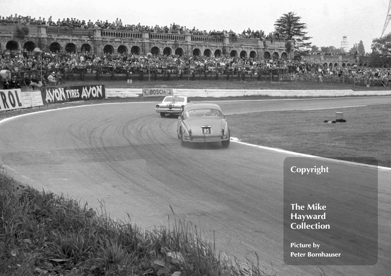 Jack Sears, Willment Ford Galaxy and Roy Salvadori, Tommy Atkins Jaguar 3.8. South Tower Bend. Crystal Palace, BSCC Round 6, June 3 1963.