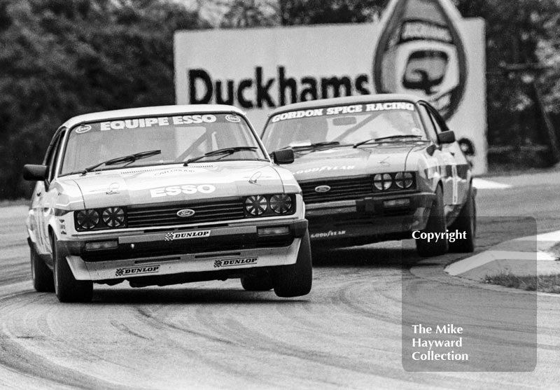 Jonathan Buncombe, Equipe Esso Ford Capri, and Chris Craft, Gordon Spice Racing Ford Capri Mk 3, Tricentrol British Saloon Car Race, Donington Park, 1979
