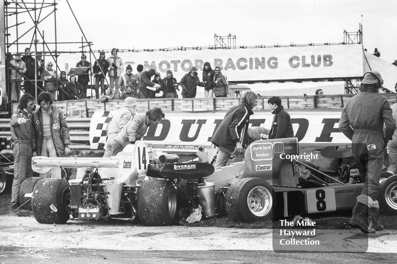 Wreckage of Lamberto Leoni's March 752 BMW and Alberto Colombo's March 752 BMW, Thruxton, Easter Monday 1975.
