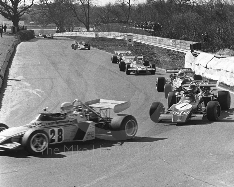 Carlos Reutemann, Motul Brabham BT38-11; Ronnie Peterson, STP March 722-17; Jody Scheckter, McLaren M21-1; and David Morgan, Edward Reeves Brabham BT35-8, Mallory Park, Formula 2, 1972.