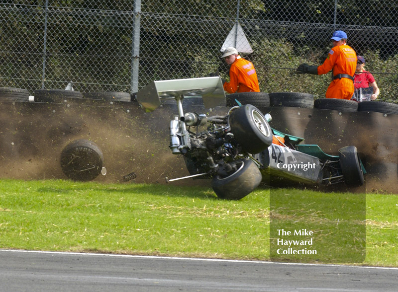 Tom Thornton, March 743, crashes at Old Hall Corner during the Derek Bell Trophy, Oulton Park Gold Cup meeting, 2002