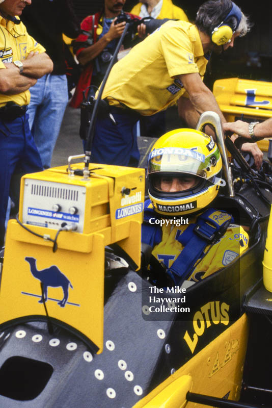 Ayrton Senna, Camel Lotus 99T, during practice for the British Grand Prix, Silverstone, 1987.
