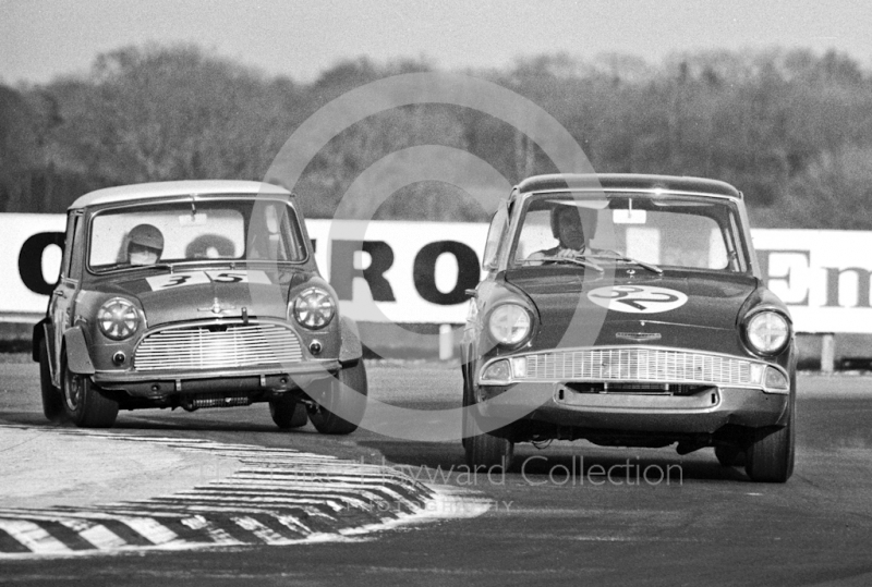 Leslie Nash, Ford Anglia, and Rob Mason, Mini Cooper S, Thruxton Easter Monday meeting 1969.
