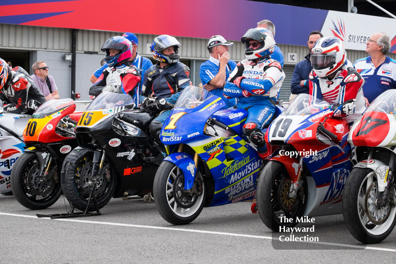 Christian Sarron, Yamaha YZR 500, Niggi Schmassman, Yamaha YZR 500, Wayne Gardner, Suzuki RGV 500, Freddie Spencer, Honda MS500, 2016 Silverstone Classic.
