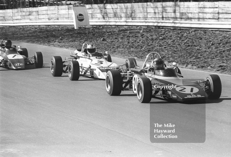 Andy Sutcliffe, GRS International GRD 372; Roger Williamson, Wheatcroft Racing March 723; and James Hunt, STP March 723, Mallory Park, Forward Trust 1972.
