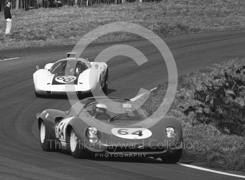 Peter Gethin, Tony Dean Racing Ferrari 206 Dino, and Hugh Dibley, Howmet gas turbine, Oulton Park, Spring Cup 1968.
