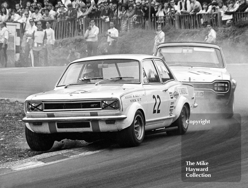 Gerry Marshall, Vauxhall Viva, and John Bloomfield, Ford Escort WGC 274G, Brands Hatch, British Grand Prix meeting 1970.
