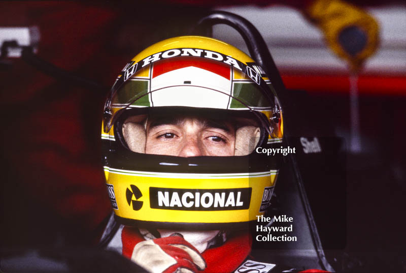 Ayrton Senna, McLaren MP4/5, Honda V10, during practice for the British Grand Prix, Silverstone, 1989.
