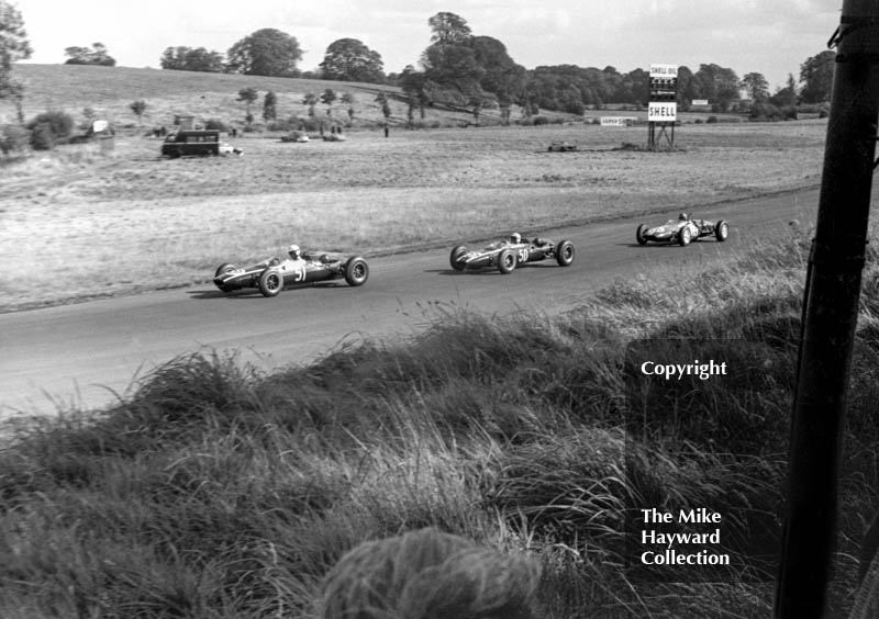 John Love, Cooper T72, Jackie Stewart, Cooper T72, John Fenning, Lotus 22, Oulton Park Gold Cup, 1964.
