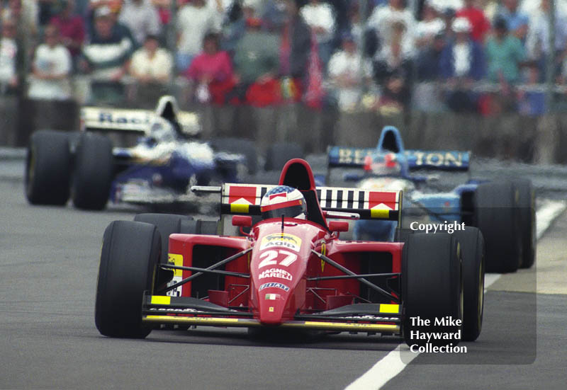 Jean Alesi, Ferrari 412T2, followed by Michael Schumacher, Benetton B195, and David Coulthard, Williams FW17,&nbsp;Silverstone, British Grand Prix 1995.
