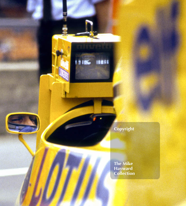 Ayrton Senna, Camel Lotus 99T, during practice for the British Grand Prix, Silverstone, 1987.
